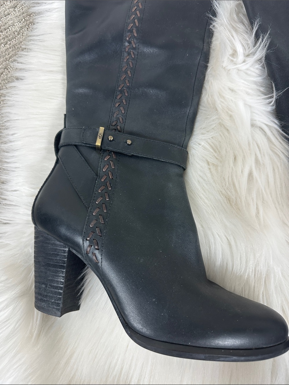 UGG Black Leather Claudine Knee-High Heeled Boots 7.5 - Picture 4 of 11